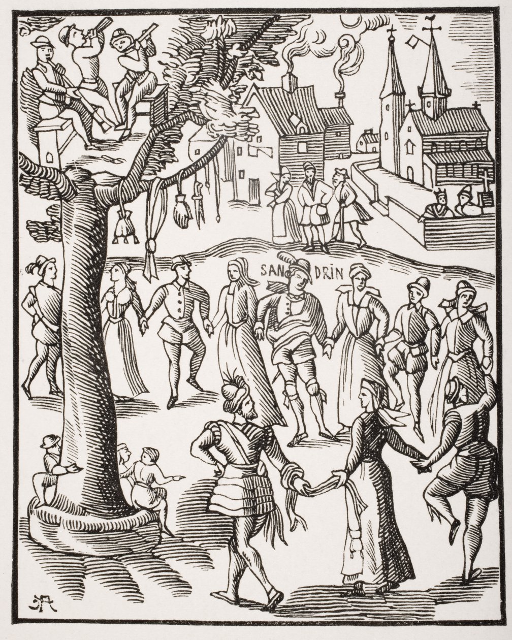 Village Feast ، بعد قطع خشبي من القرن السادس عشر لـ "Sandrin ou Verd Galant" ، من "Le Moyen Age et La Renaissance" بواسطة Paul Lacroix (1806-84) نشر عام 1847 بواسطة المدرسة الفرنسية