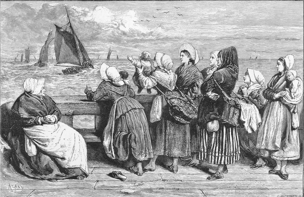 في انتظار الزوارق ، التي تم رسمها بالقرب من بولوني ، نُشرت في "أخبار لندن المصورة" ، 1868 بواسطة المدرسة الفرنسية