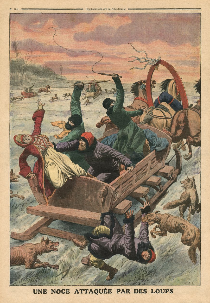 هاجم حفل زفاف الذئاب ، رسم توضيحي من "لو بيتيت جورنال" ، 19 مارس 1911 بواسطة المدرسة الفرنسية
