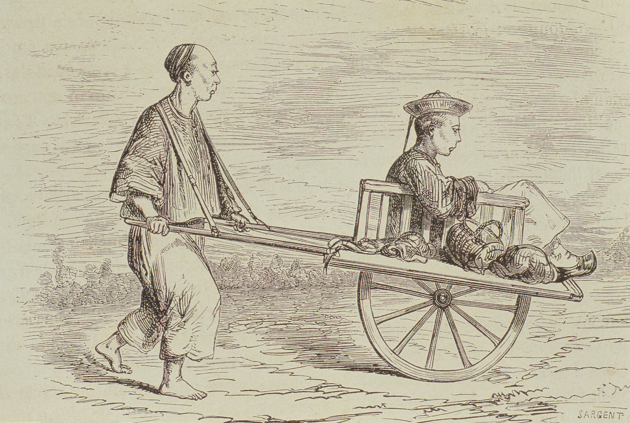 تاكسي عربة اليد في خمسينيات القرن التاسع عشر ، الصين ، نقشها ألفريد لويس سارجنت (مواليد 1828) من "لو تور دو موند" ، نُشرت في باريس ، 1860 بواسطة المدرسة الفرنسية