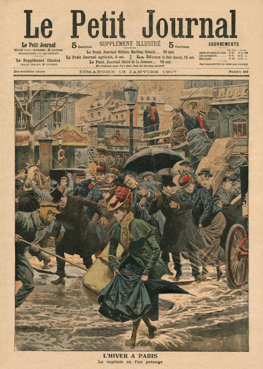 الشتاء في باريس ، المشي في الوحل ، رسم توضيحي من "Le Petit Journal" ، ملحق Illustre ، 13 يناير 1907 بواسطة المدرسة الفرنسية