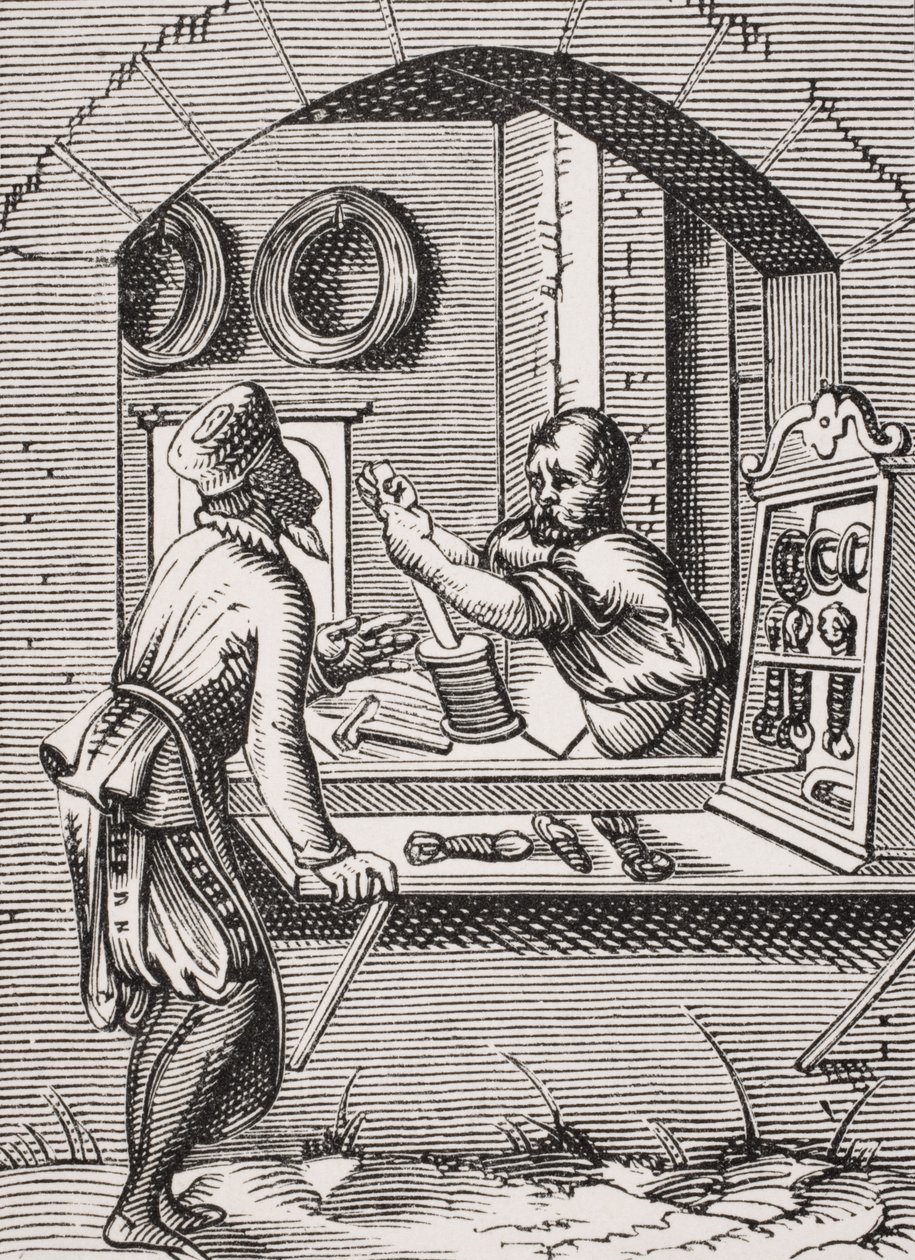 عامل الأسلاك ، بعد قطع خشبية لجوست عمان (1539-91) من "Le Moyen Age et La Renaissance" بقلم بول لاكروا (1806-1884) المنشور عام 1847 بواسطة المدرسة الفرنسية