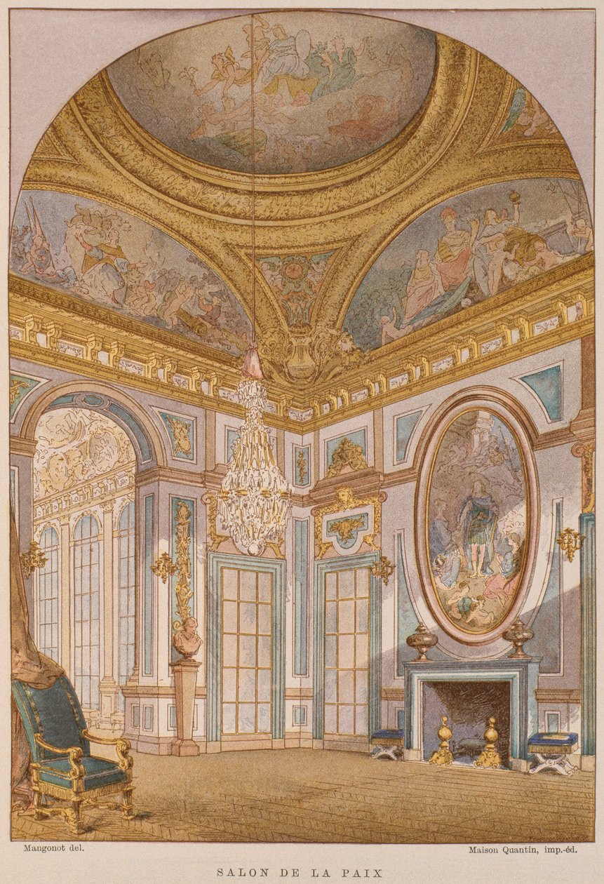 Salon de la Paix من القرن السابع عشر ، قصر فرساي ، رسم توضيحي من Dictionnaire de lameublement et de la decoration by Henry Havard ، المجلد 4 ، اللوحة 36 ، باريس ، Maison Quantin ، 1878 (اللون li بواسطة المدرسة الفرنسية