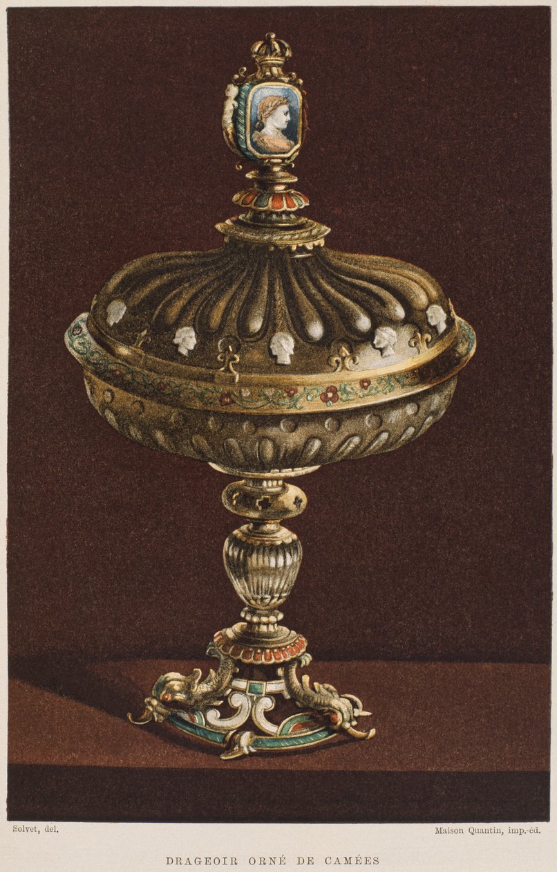 جرة حلوة من القرن السابع عشر مع نقش ، توضيح من Dictionnaire de lameublement et de la decoration by Henry Havard ، المجلد 2 ، اللوحة 11 ، باريس ، Maison Quantin ، 1878 بواسطة المدرسة الفرنسية