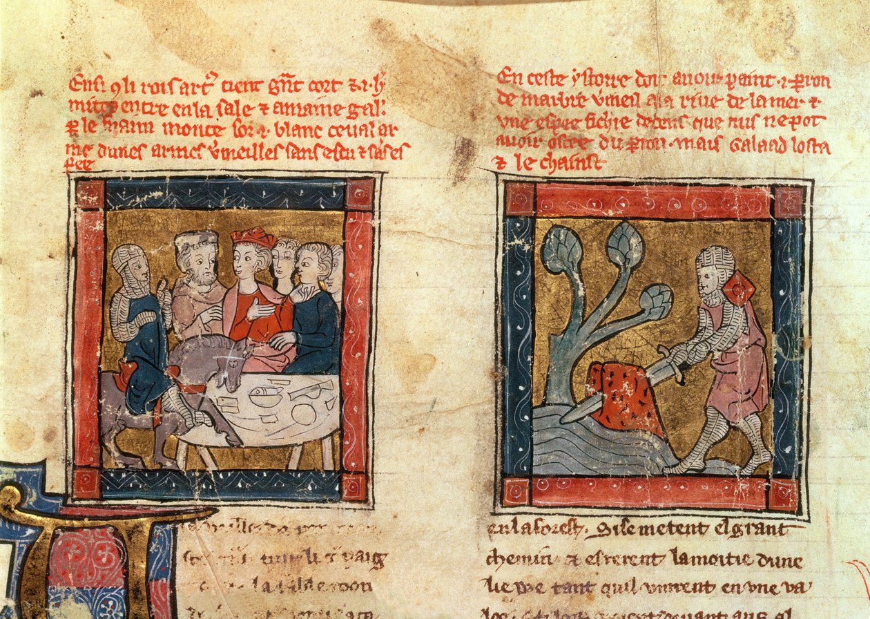 184 Fr.110 f.405 يأتي Galahad إلى Arthur و Galahad يرسم السيف من الحجر العائم في النهر في Camelot ، c.1250-80 (انظر أيضًا 150479) بواسطة المدرسة الفرنسية