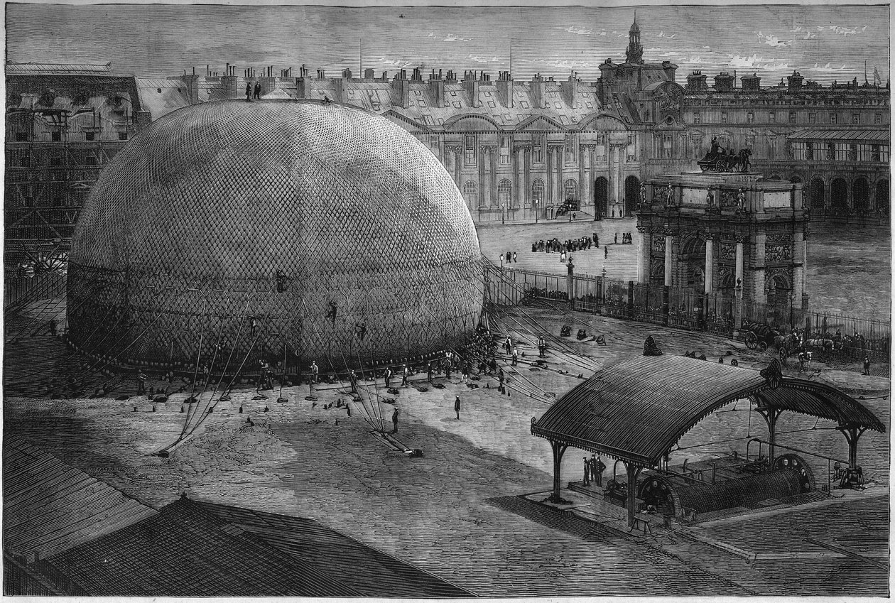 1878 المعرض العالمي في باريس: انتفاخ بالون هنري جيفارد الأسير في فناء التويلري. نقش في "" Le Monde Illustré "" رقم 1112 بتاريخ 20 يوليو 1878. بواسطة المدرسة الفرنسية