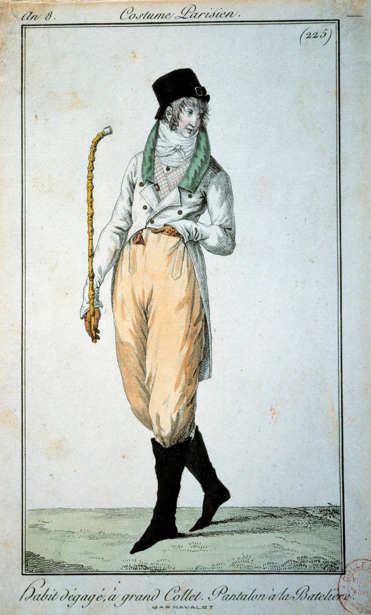 18th century fashion: Parisian suit with large collar, trousers with boats. Paris, Musee du Costume بواسطة المدرسة الفرنسية