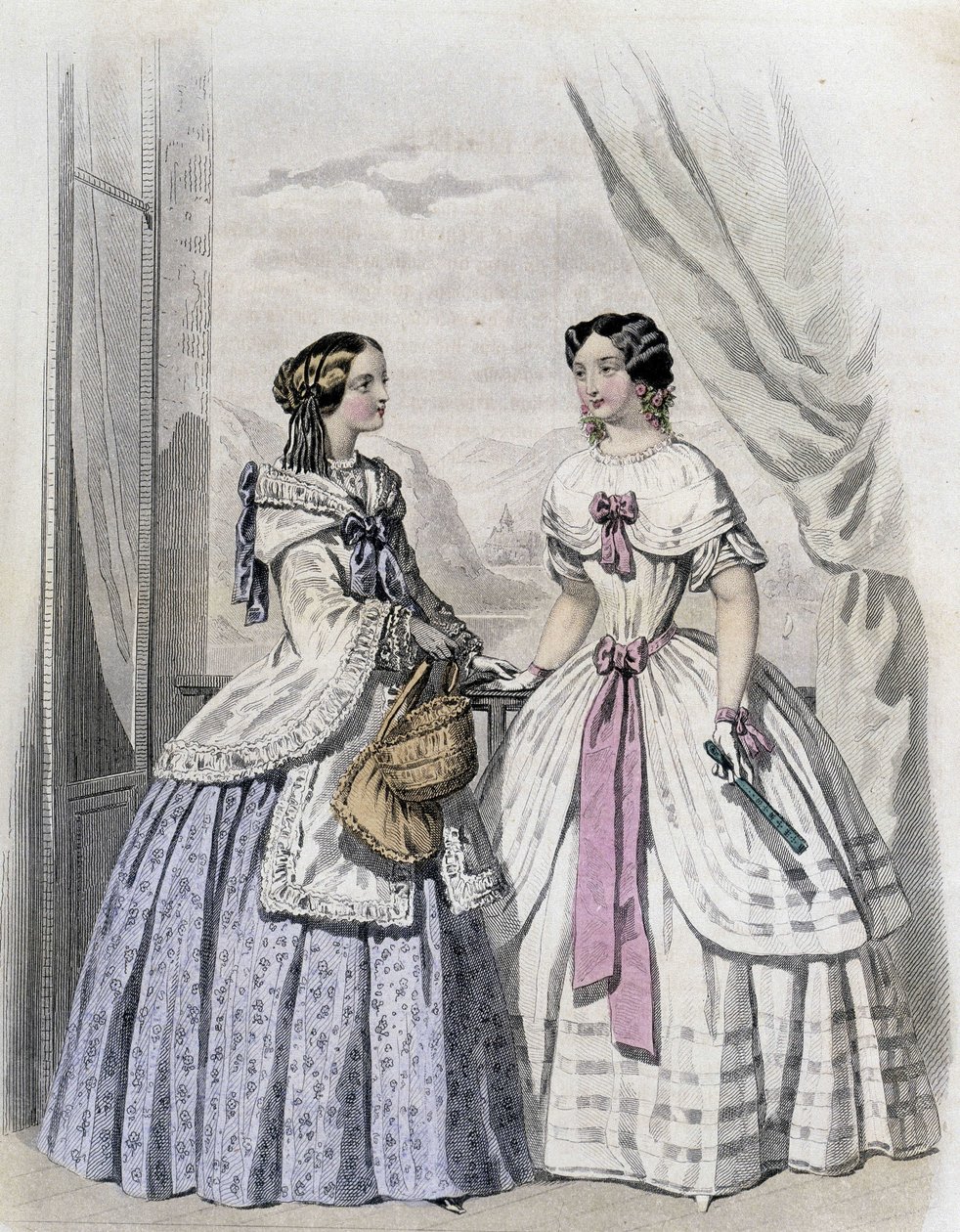 امرأتان عصريتان - في "" Journal des Demoiselles "" 1852. بواسطة المدرسة الفرنسية