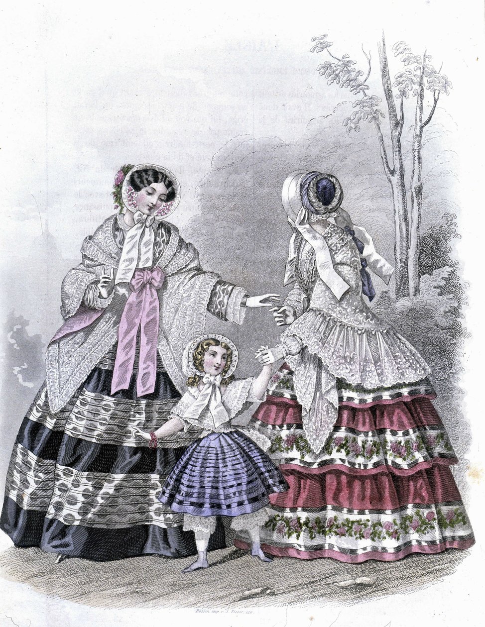 امرأتان رائعتان مع فتاة في نزهة - في “Journal des Demoiselles” ”1852. بواسطة المدرسة الفرنسية