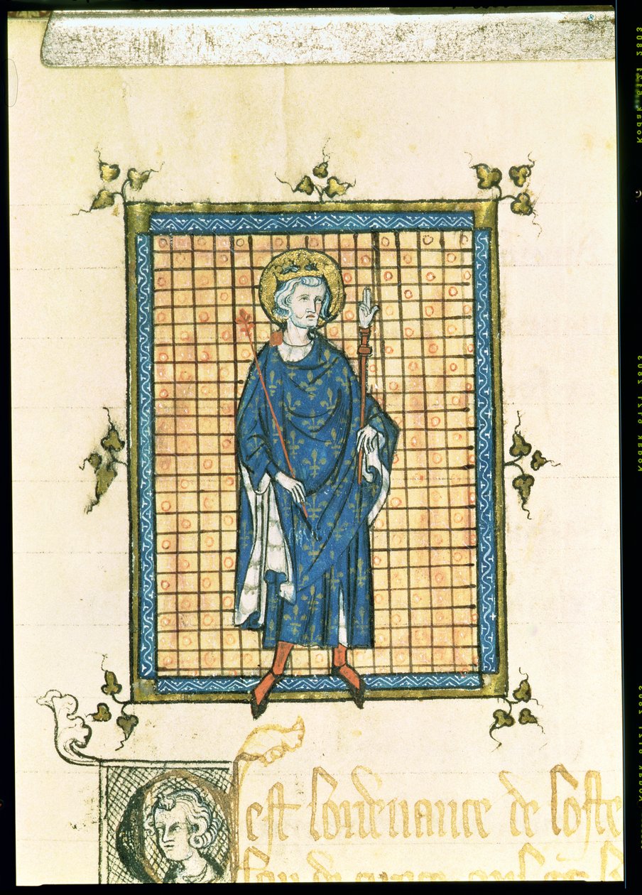 AE II 327 الملك سانت لويس يحمل الصولجان ويد العدالة ، من سجل أوامر L&39;Hotel du Roi ، c.1320 بواسطة المدرسة الفرنسية