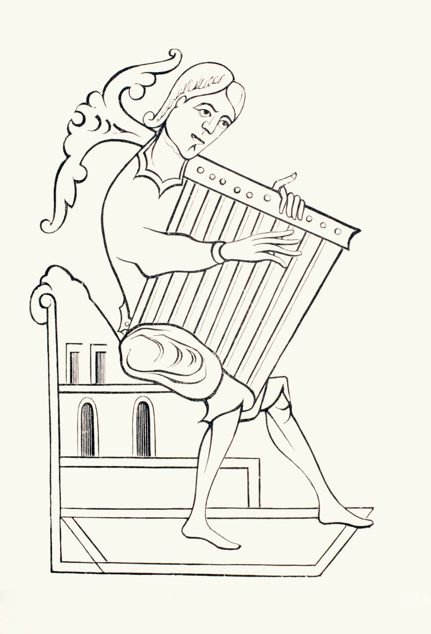 موسيقي من القرن التاسع يعزف على آلة موسيقية تعرف باسم psalterium ، من "Les Arts au Moyen Age" ، تم نشره عام 1873 (ليثو) بواسطة المدرسة الفرنسية