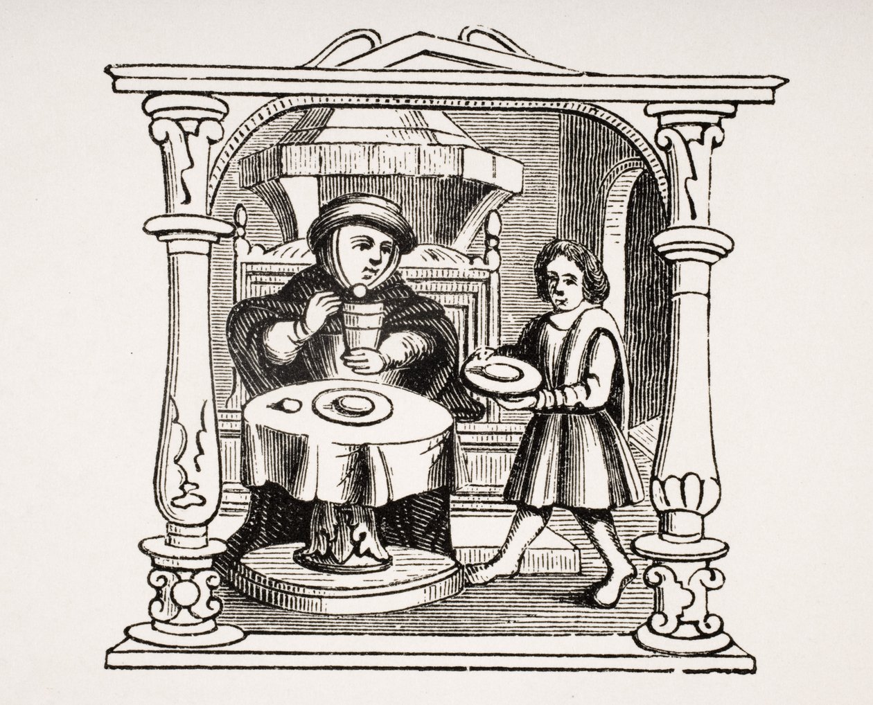 برغس يأكل وجبته ، بعد رسم توضيحي في مخطوطة من القرن السادس عشر ، من Le Moyen Age et La Renaissance بقلم Paul Lacroix (1806-1884) نشر عام 1847 بواسطة المدرسة الفرنسية