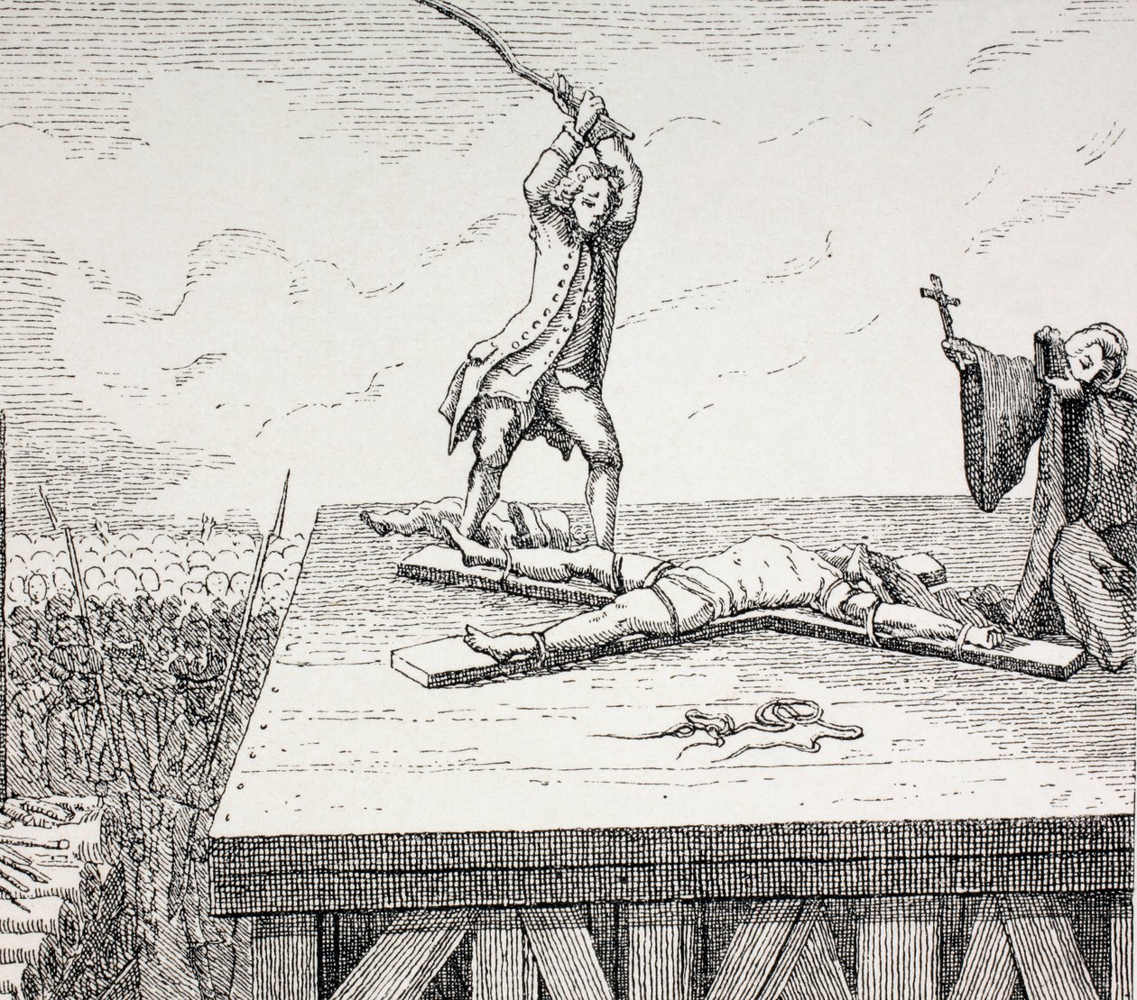 مجرم محكوم عليه بالإعدام وهو مكسور على صليب القديس أندرو في غرابة القرن الثامن عشر ، 1875 بواسطة المدرسة الفرنسية
