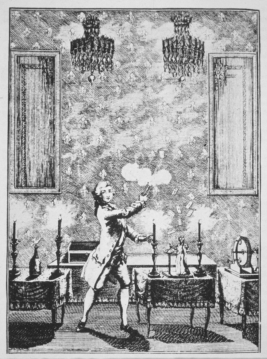 عرض من الشعوذة من La magie Blanche devoilee بواسطة Decremps ، 1659 ، موضح في تاريخ السحر ، نشر في أواخر القرن التاسع عشر بواسطة المدرسة الفرنسية