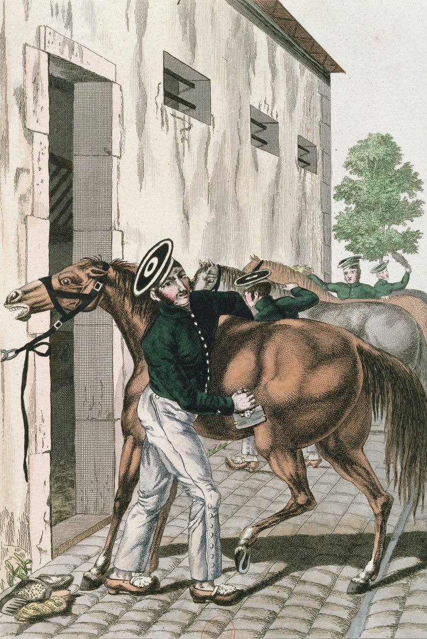 تنين يجهز حصانه ، اللوحة 257 من سلسلة من الجنود الإمبراطوريين الفرنسيين ، c.1800-10 بواسطة المدرسة الفرنسية