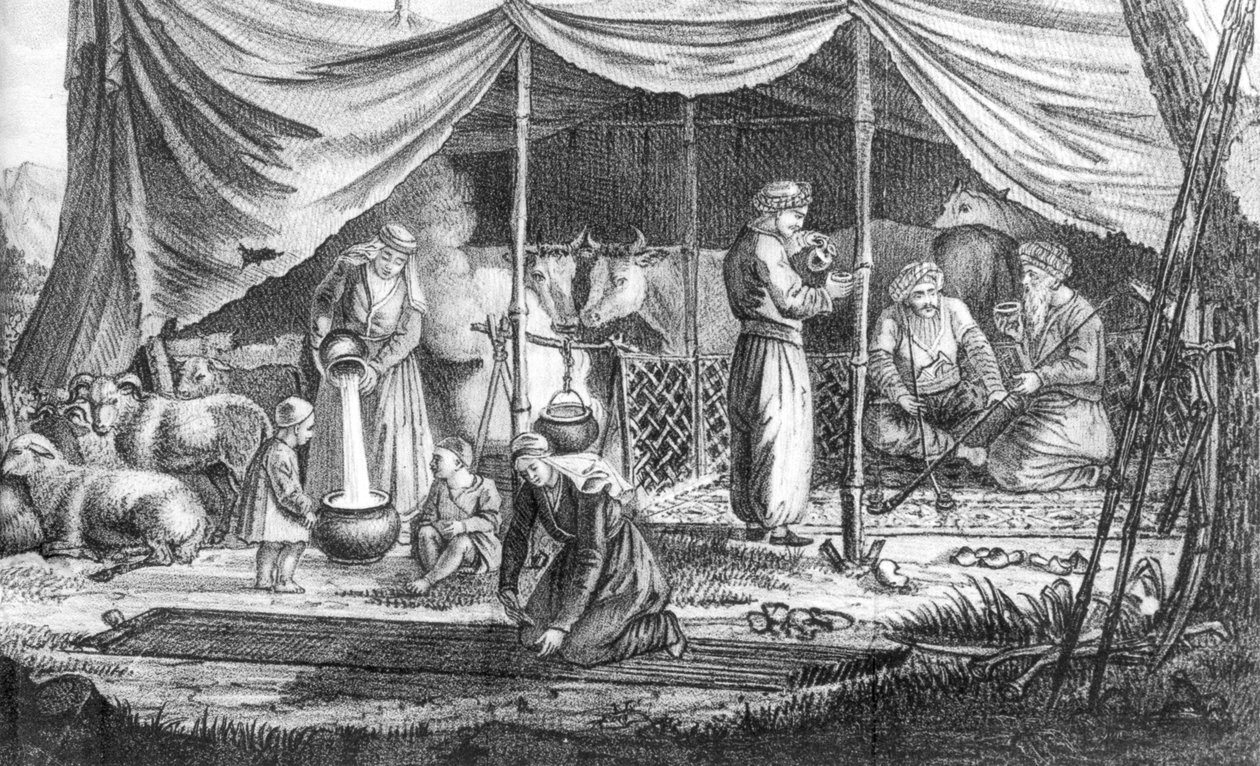 عائلة من البدو الأكراد ، من فوياج إن بيرس بقلم غاسبارد دروفيل ، نُشرت عام 1825 بواسطة المدرسة الفرنسية
