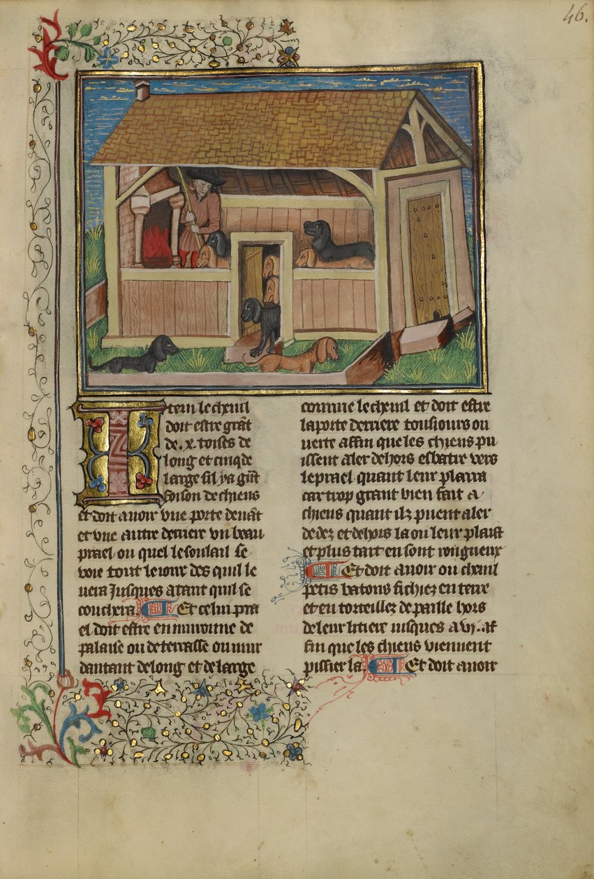 A Hunter Attending to Kenneled Dogs، c.1430-40 (تمبرا وذهبي وطلاء فضي وأوراق على رق) بواسطة المدرسة الفرنسية