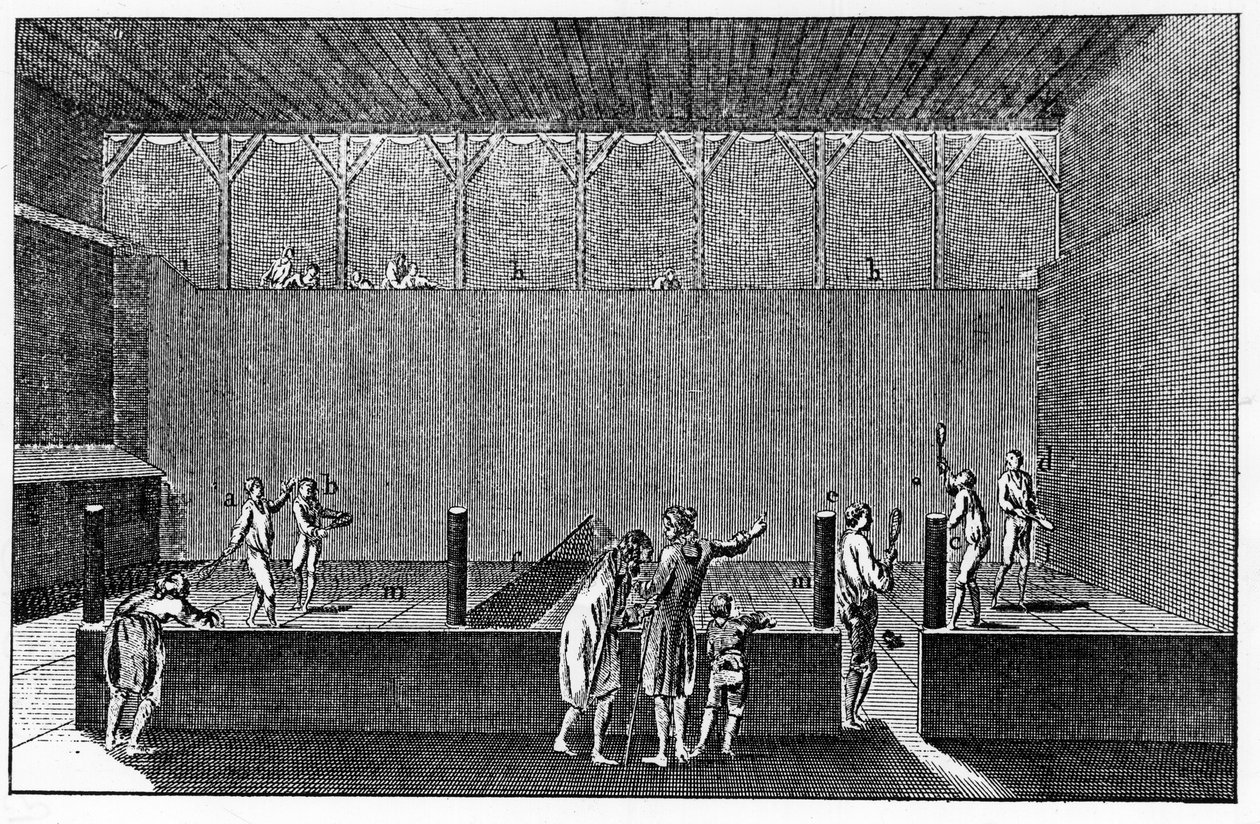 A Jeu de Paume في عهد لويس الرابع عشر ، استنادًا إلى مطبوعة من موسوعة Diderot و Alembert بواسطة المدرسة الفرنسية