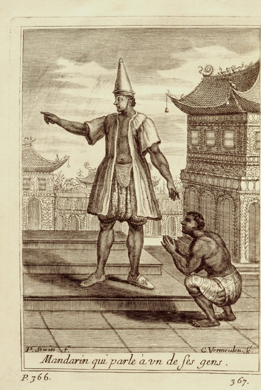 رجل ماندرين يتحدث إلى أحد أفراد شعبه ، من Voyage du Siam des Peres Jesuites بقلم غي تاكارد ، 1688 بواسطة المدرسة الفرنسية
