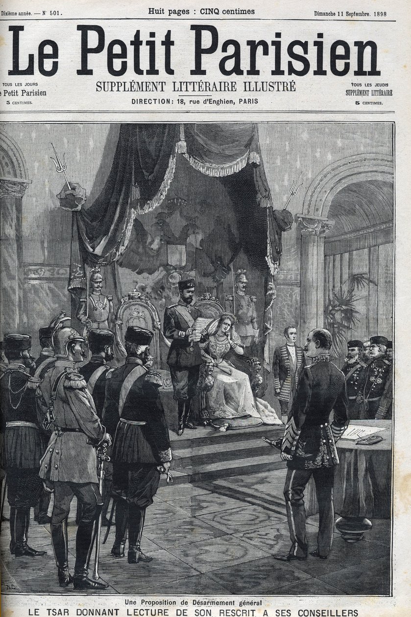 مقترح لنزع السلاح العام (مقدم إلى القوى الأوروبية) - القيصر نيكولاس الثاني (1868-1918) يقرأ كتابه على مستشاريه. لو بيتي باريزيان بواسطة المدرسة الفرنسية