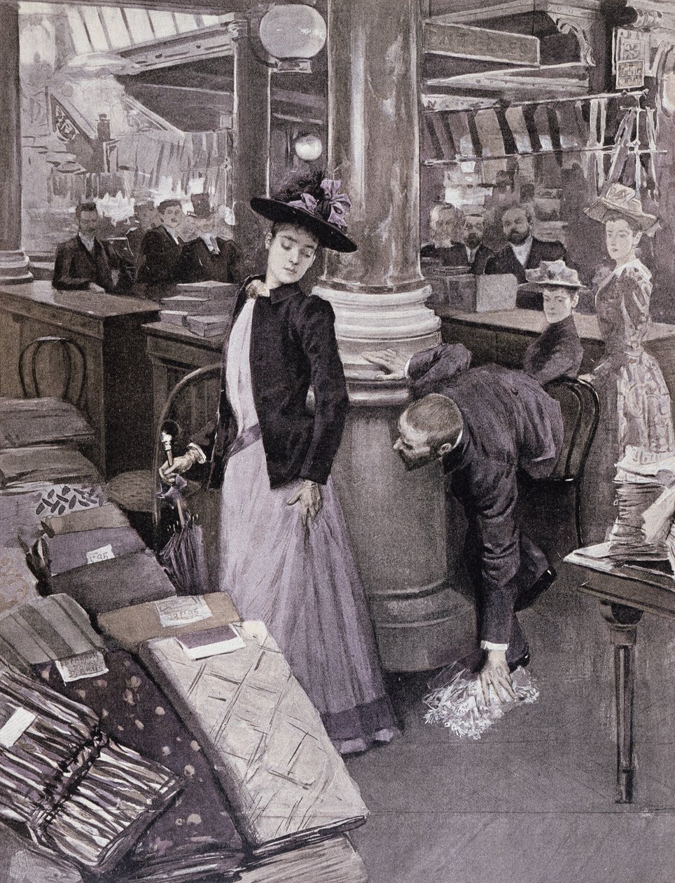 لص في متجر متعدد الأقسام في باريس ، رسم توضيحي من Paradis des Dames ، c.1895 بواسطة المدرسة الفرنسية