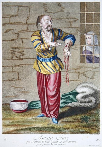 عاشق تركي يخترق ذراعه أمام عشيقته لإثبات حبه ، من "Recueil d'Estampes sur les Costumes du Levant" ، نقشها جيرارد جان بابتيست سكوتان (1671-1716) 1707-08 (نقش ملون) بواسطة المدرسة الفرنسية