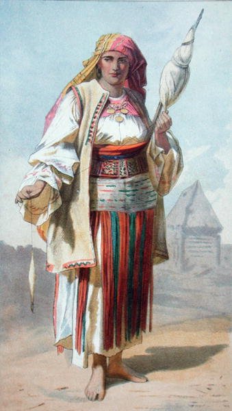 "امرأة والاك" ، رسم توضيحي من "ترانسيلفانيا: منتجاتها وأفرادها" ، نُشر في لندن عام 1865 (ليثو ملون) بواسطة المدرسة الفرنسية