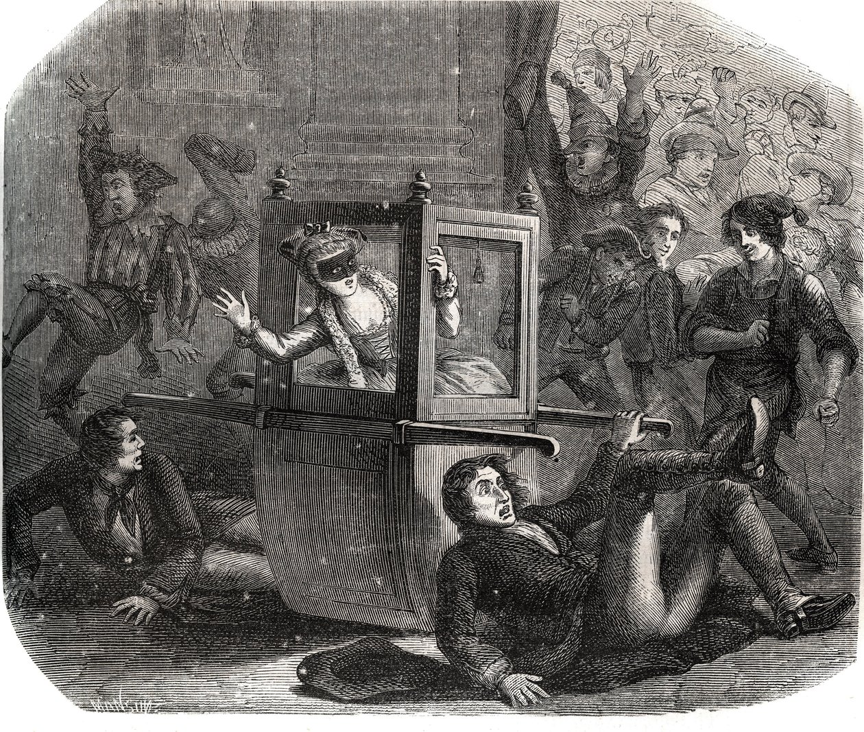 تمنع فرقة من المهرجين ماري تيريز (ماري تيريز) لو فاسور (ليفاسور) (1721-1801) ، زي الكرنفال ، من التقدم على كرسيها المتحرك. إنها ضحية انتقام أحد هؤلاء العاشقين السابقين. نقش من عام 1871 في "Histoire Des Cocus C بواسطة المدرسة الفرنسية
