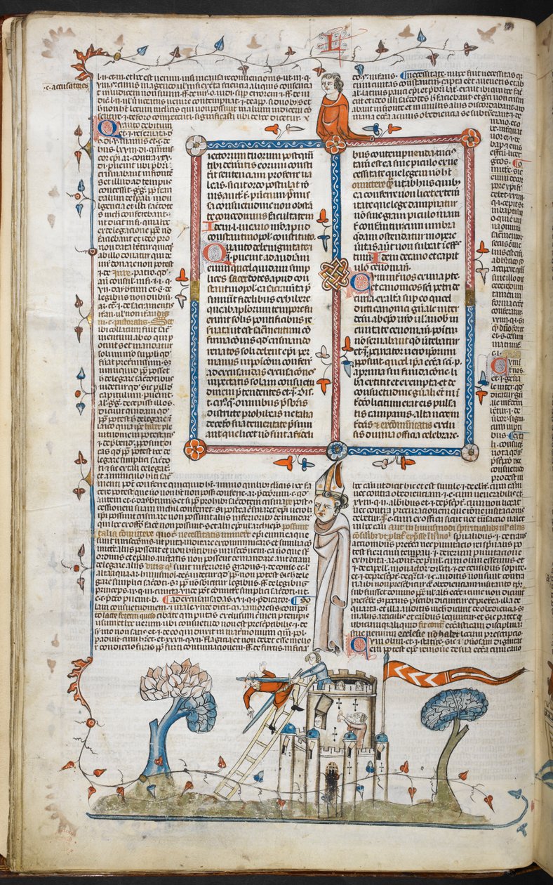 مشهد من الصفحة الأساسية لرجل يحاول غزو قلعة ، ويقتل على يد أحد المدافعين ، من Smithfield Decretals ، Royal 10 E. IV ، f.18v بواسطة المدرسة الفرنسية