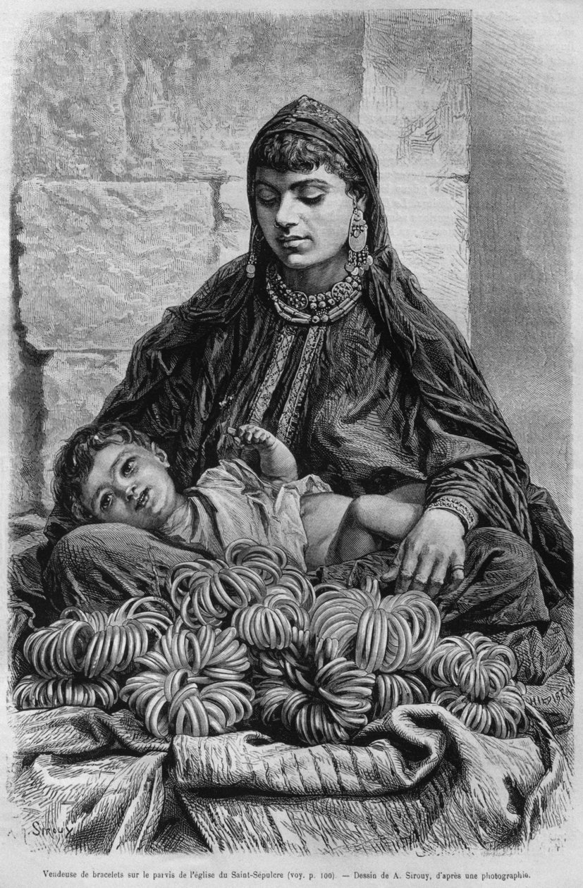 بائع سوار بالقرب من كنيسة القيامة ، من سوريا اليوم. رحلات إلى فينيسيا ولبنان وجودي. 1875-1880 من لويس تشارلز إميل لورت ، 1884 (النقش وزن الجسم) بواسطة المدرسة الفرنسية