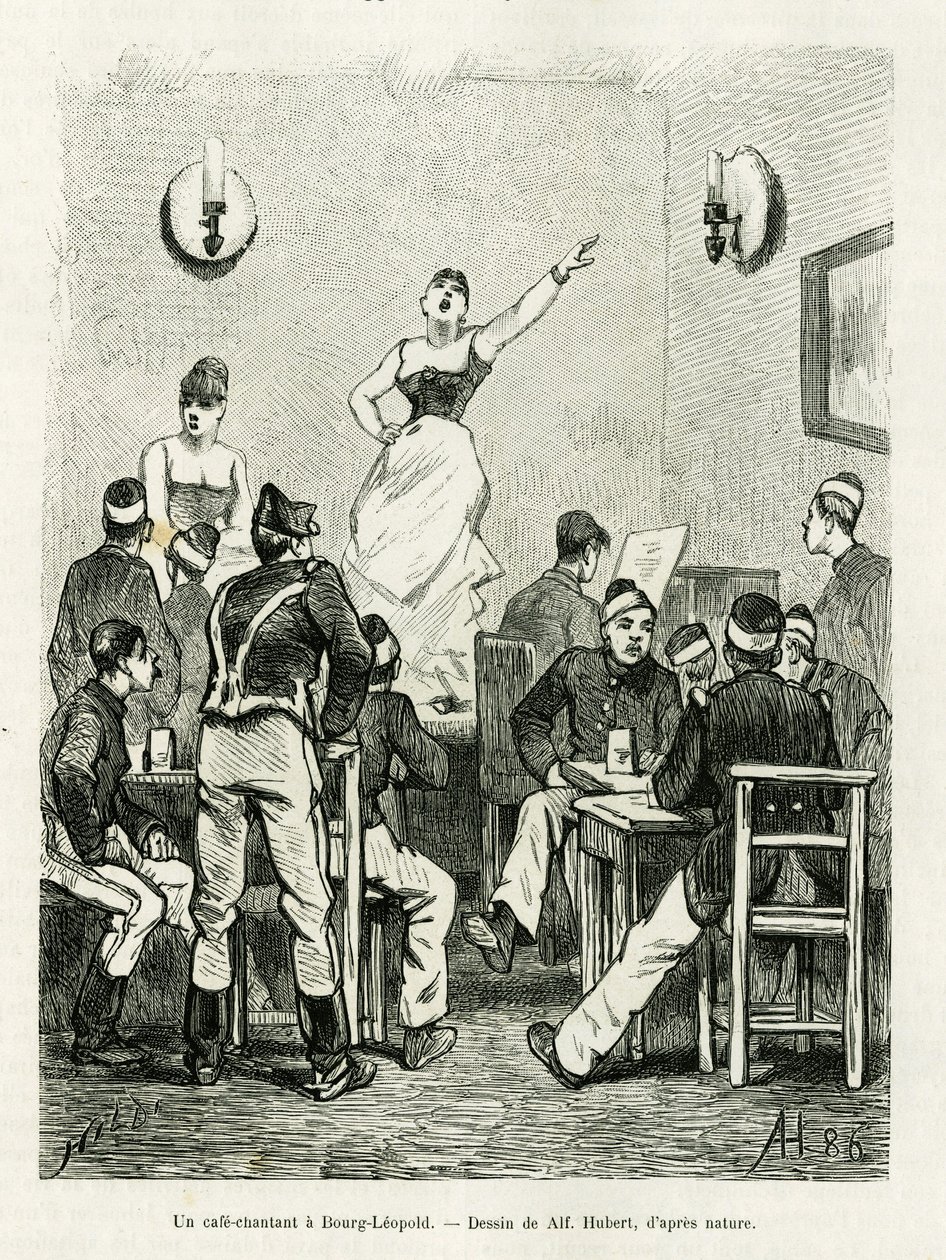 A cafe singing in Bourg Leopold. Engraving by A.Hubert to illustrate the story La Belgique, by Camille Lemonnier, in le tour du monde 1886, directed by Edouard Charton (1807-1890), Hachette, Paris. بواسطة المدرسة الفرنسية