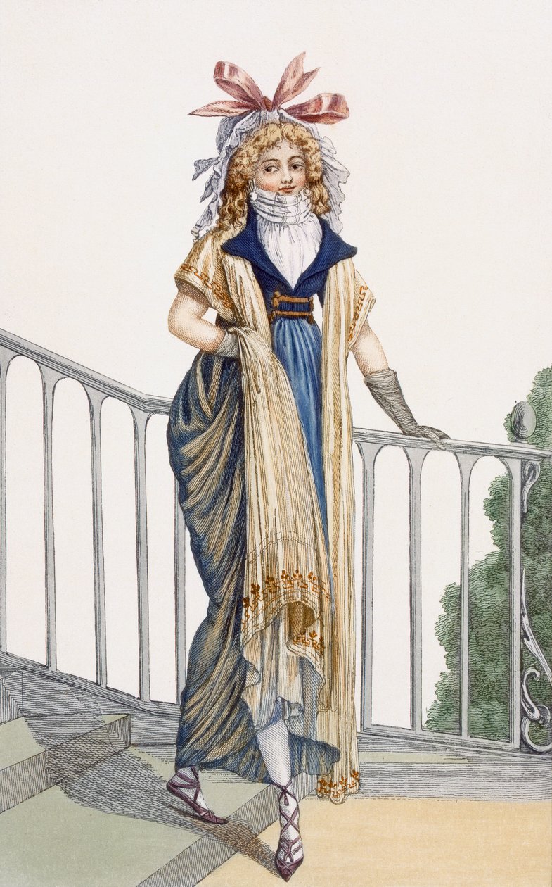 فستان مشي على الطراز الريفي ، رسم توضيحي من Journal des Dames et des Modes ، 1797 بواسطة المدرسة الفرنسية