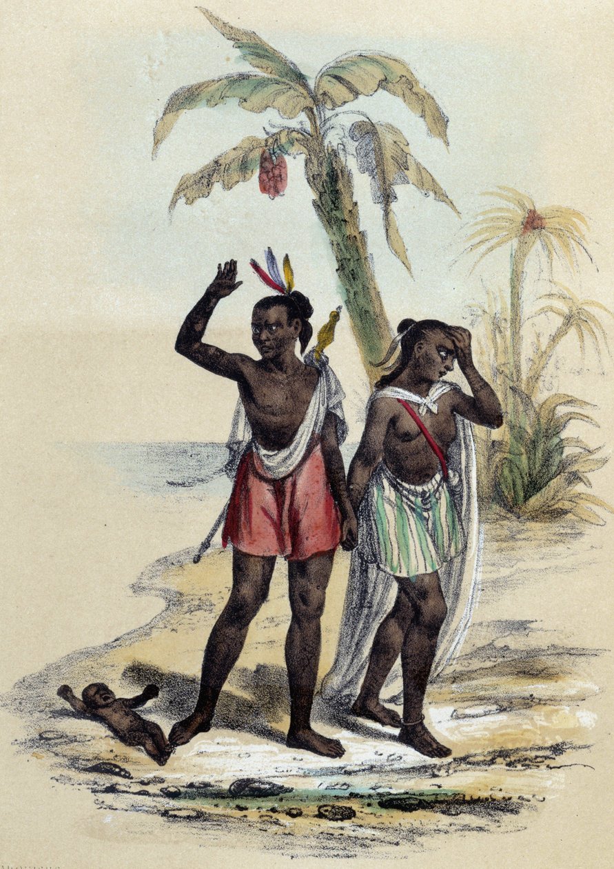 زوجان وطفل على الشاطئ ؛ رسم توضيحي للمركزات ، -في “Les twelve Nations” ”بواسطة ME Fouinet بواسطة المدرسة الفرنسية