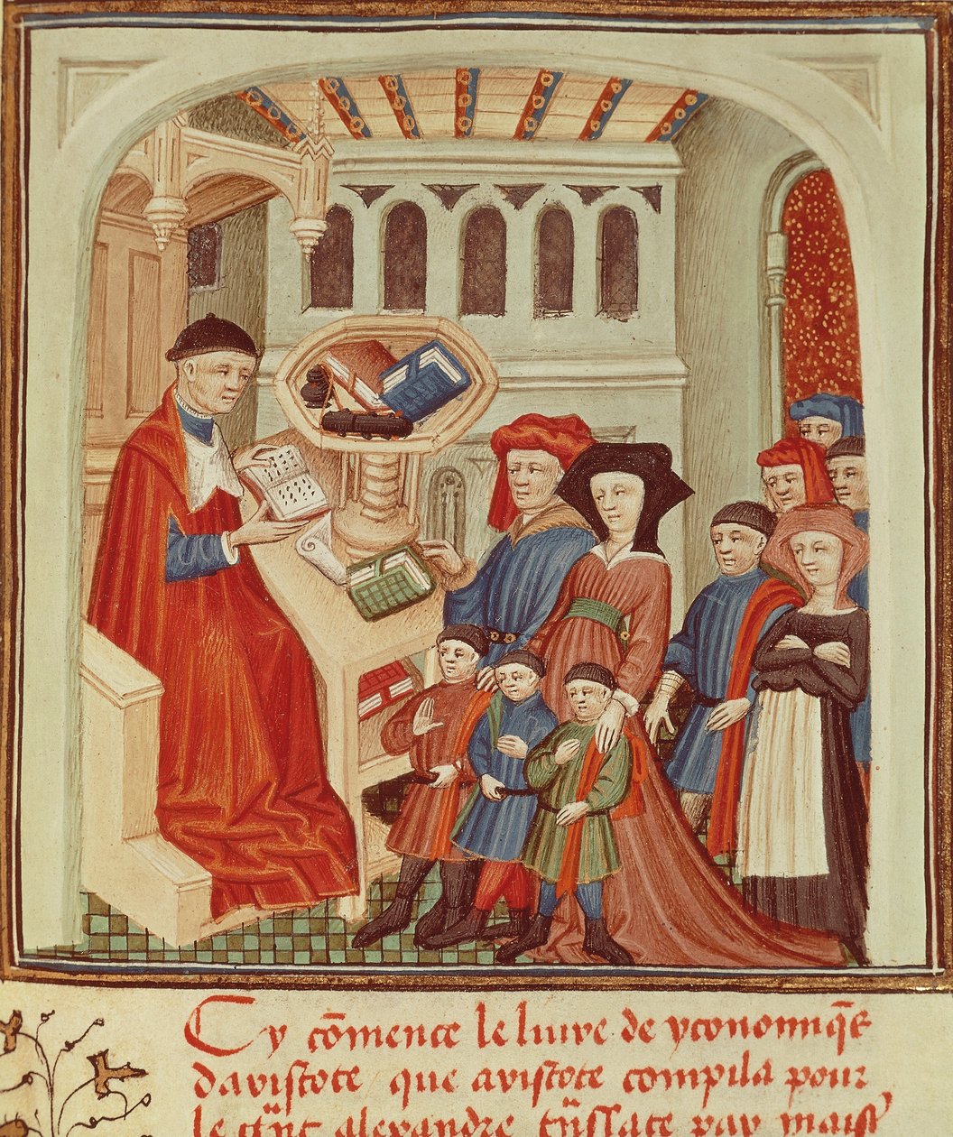 A family in front of a financier, miniature from Ethics, Politics, the Economy by Aristotle, France بواسطة المدرسة الفرنسية
