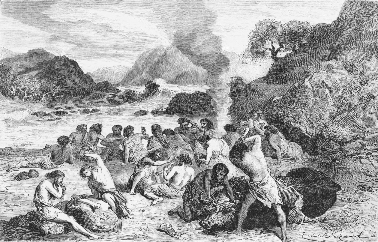 وليمة خلال العصر الحجري ، رسم توضيحي من LHomme Primitif بواسطة Louis Figuier ، نشره Hachette ، 1870 بواسطة المدرسة الفرنسية