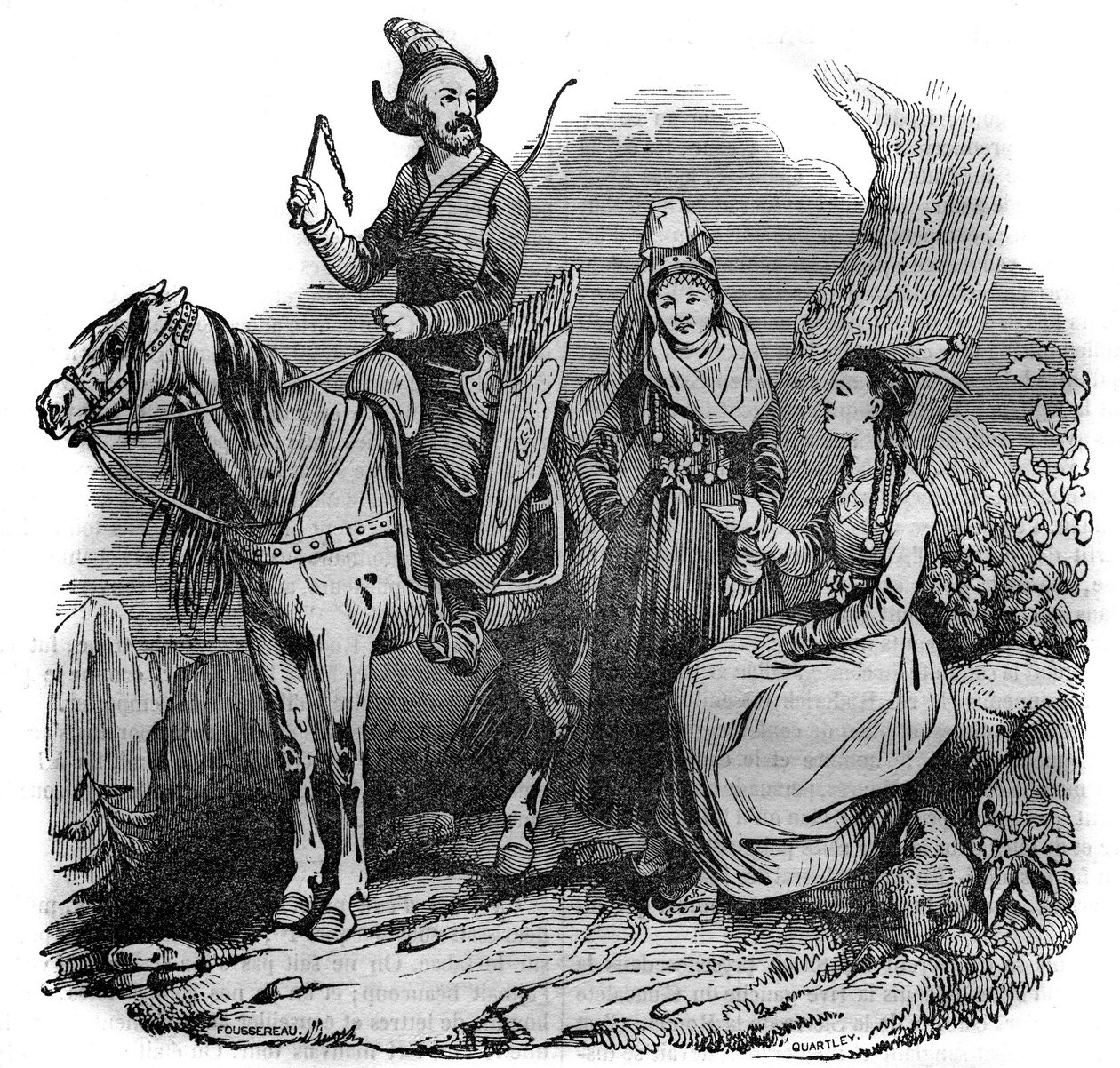 مجموعة من القوزاق القرغيزيين (القرغيز) بالزي التقليدي. في "" المتجر الخلاب "" 1835 بواسطة المدرسة الفرنسية
