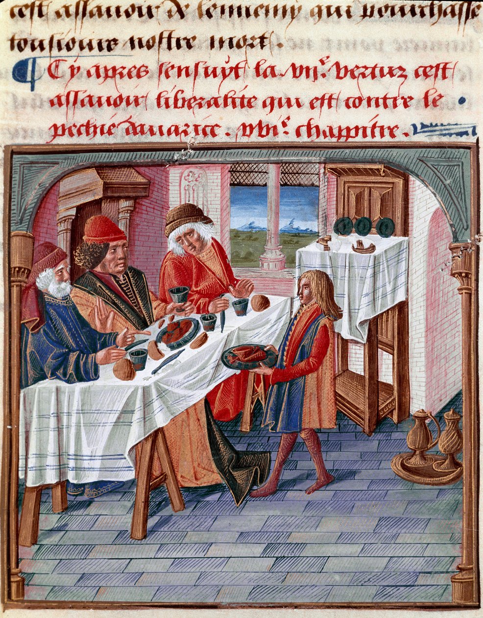 A man shares his table with a poor in need Miniature taken from “Le livre de bonnes moreurs de Jacques Legrand” 1490 Chantilly, Musee Conde بواسطة المدرسة الفرنسية