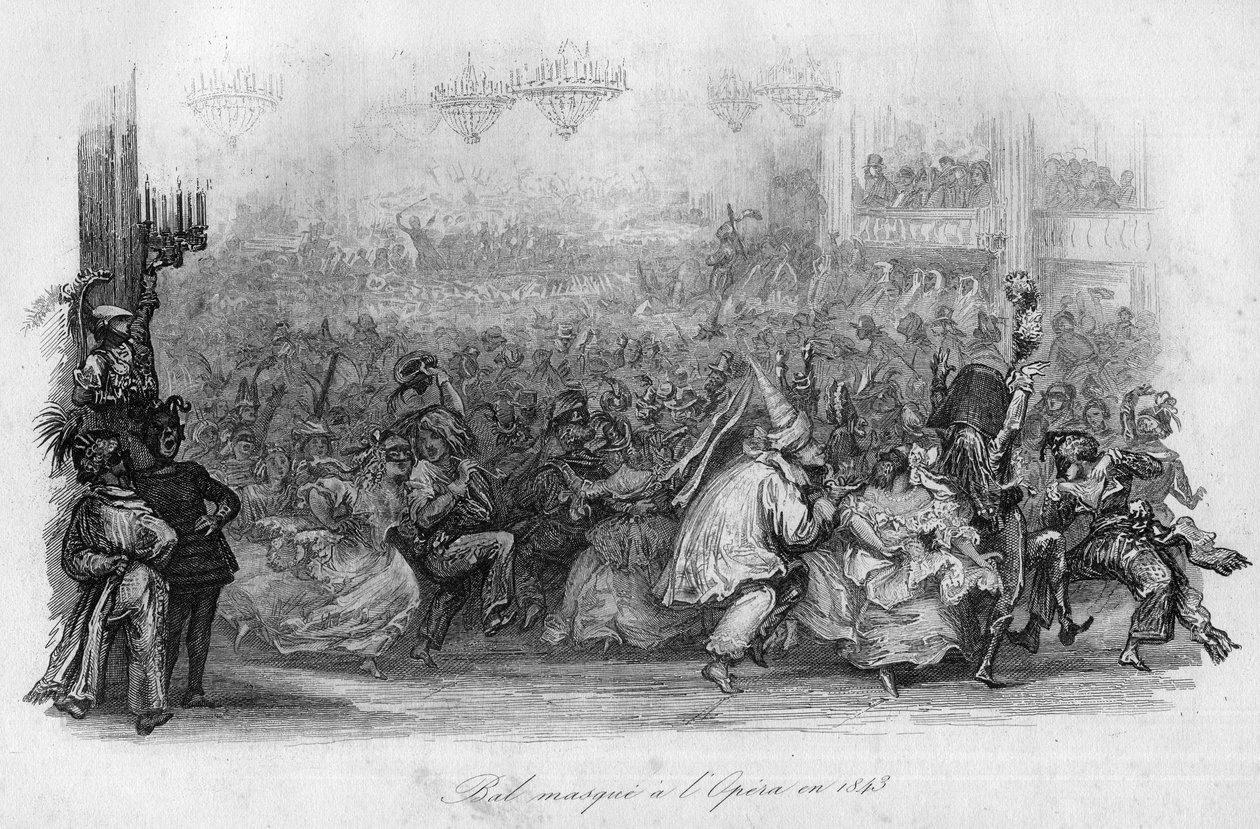 كرة مقنعة في أوبرا باريس عام 1843. (أغنية "Le carnival" لمارك أنطوان مادلين ديساجيه) في "" - CHANS et CHANS POPULES DE LA FRANCE - 1843 - H.- L. DELLOYE ، الناشر ، LIBRARY DE غارنييه. بواسطة المدرسة الفرنسية
