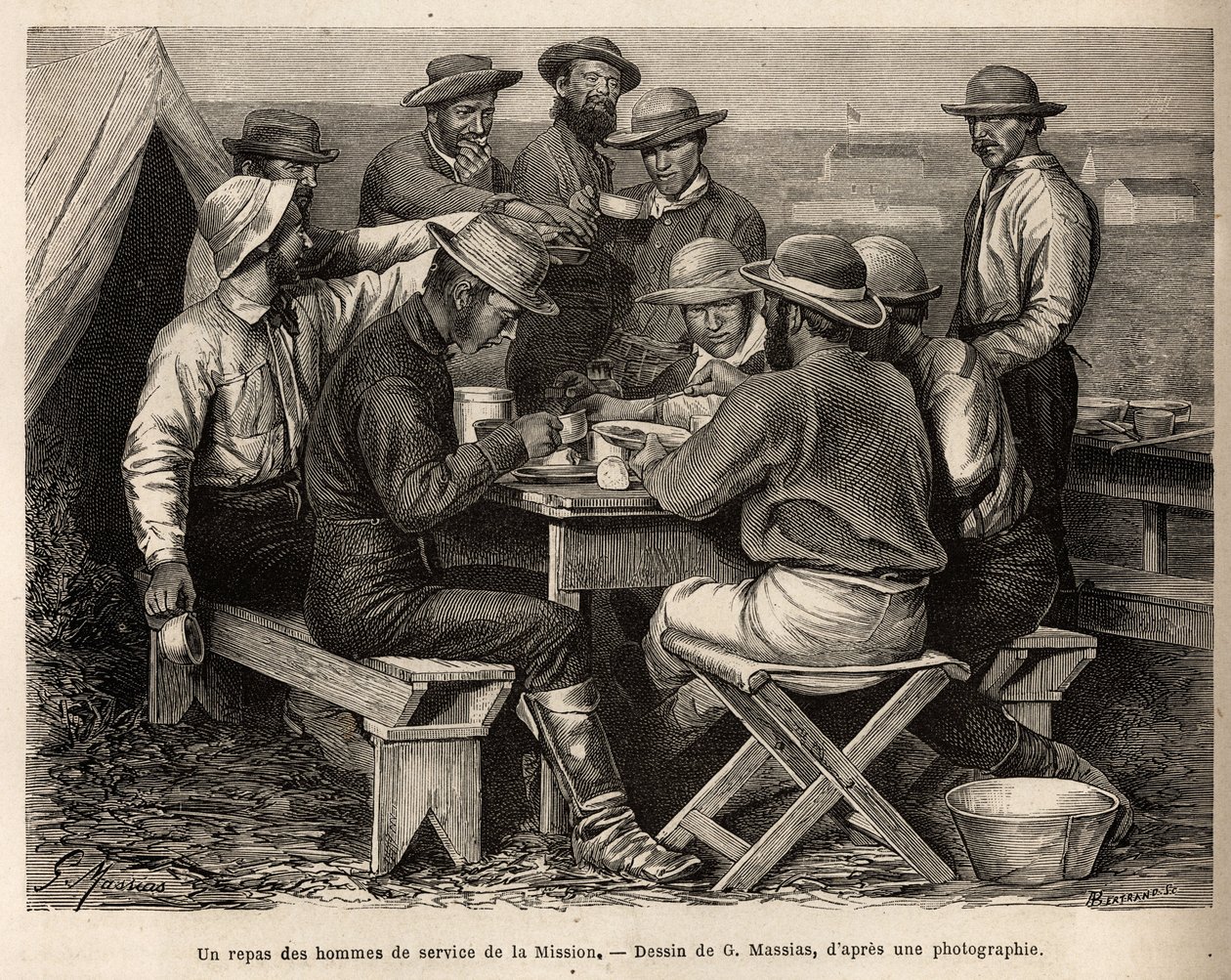 وجبة لرجال خدمة البعثة عام 1872 ، في موقع المعسكر ، قبل الاستطلاع الميداني الأول ، نقشت بعد رسم جي ماسياس ، توضح مجموعة من المهمات الجغرافية عبر المنتزه الوطني للولايات المتحدة ، من 1870 إلى 1872 ، بواسطة بواسطة المدرسة الفرنسية