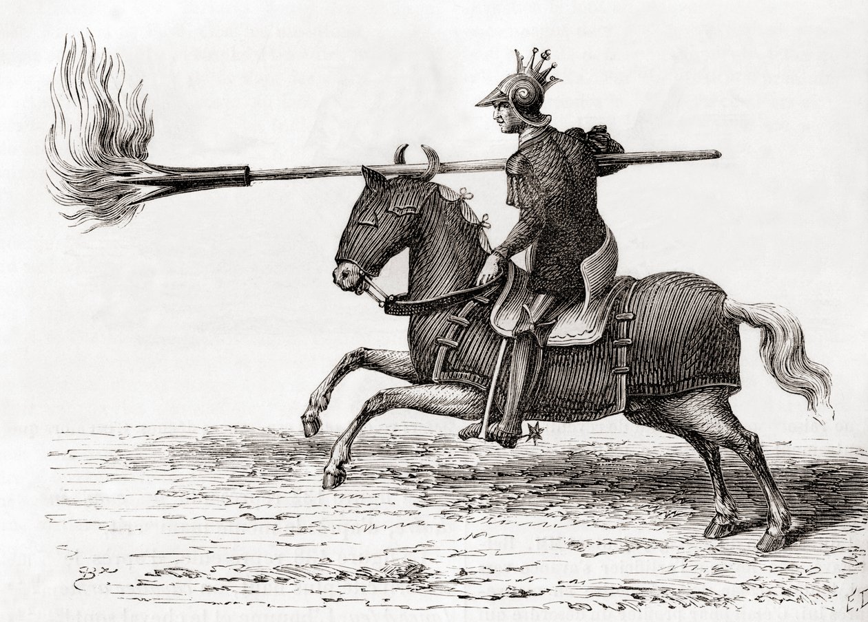 A medieval knight carrying a fire lance, or fire spear, one of the first gunpowder weapons in the world, from Les Merveilles de la Science, published c.1870 (engraving) بواسطة المدرسة الفرنسية