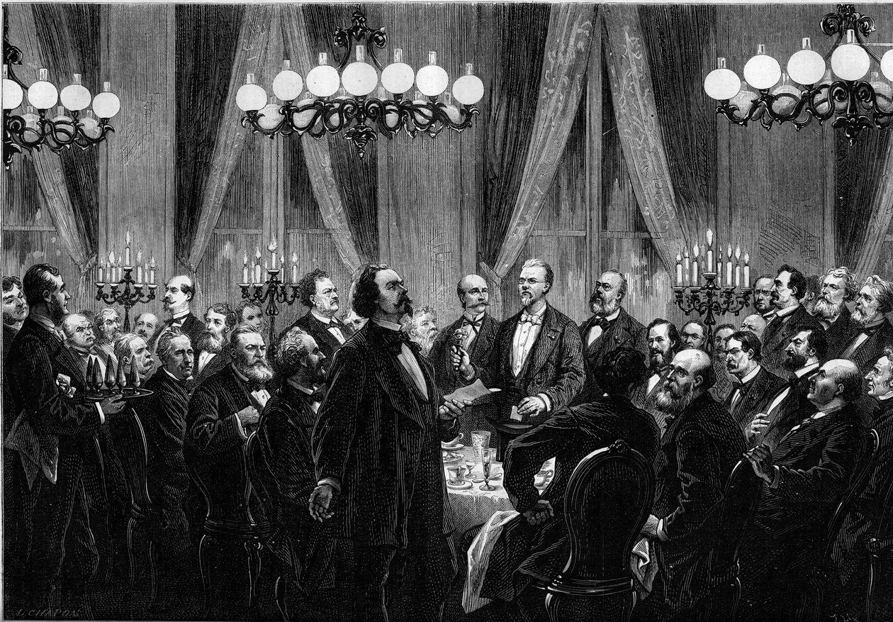 اجتماع "Societe du Caveau" في عام 1879 ، حيث اجتمع شخصيات من المشهد لتناول عشاء غنائي حيث يؤلف كل فرد الأغاني. المغني دوبريز ، كليرفيل (لويس فرانسوا نيكولاي بواسطة المدرسة الفرنسية