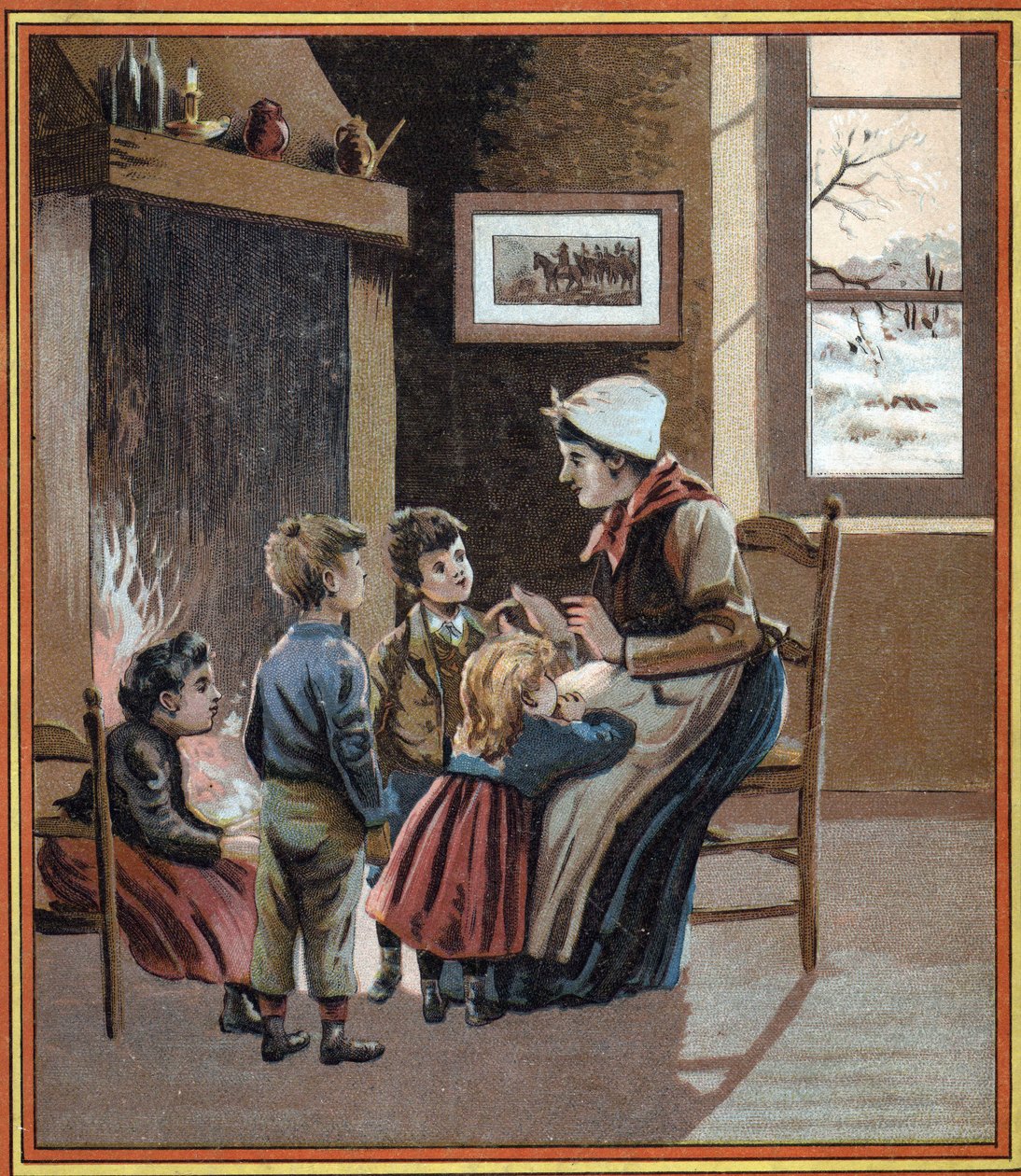 أم تحكي القصص لأطفالها بجوار النار. غلاف كتاب “Les tales du foyer pour les petits” ”. نقش مجهول من القرن التاسع عشر. بواسطة المدرسة الفرنسية