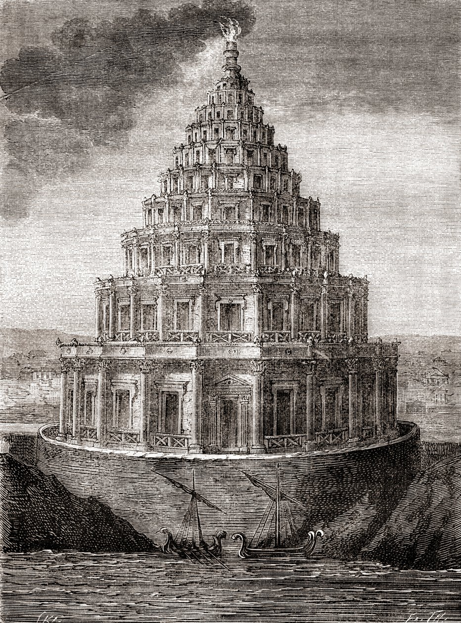 رسم تخيلي من القرن التاسع عشر لمنارة الإسكندرية ، المعروف أيضًا باسم Pharos of Alexandria ، منارة بناها المملكة البطلمية بين 280 و 247 قبل الميلاد ، من 
