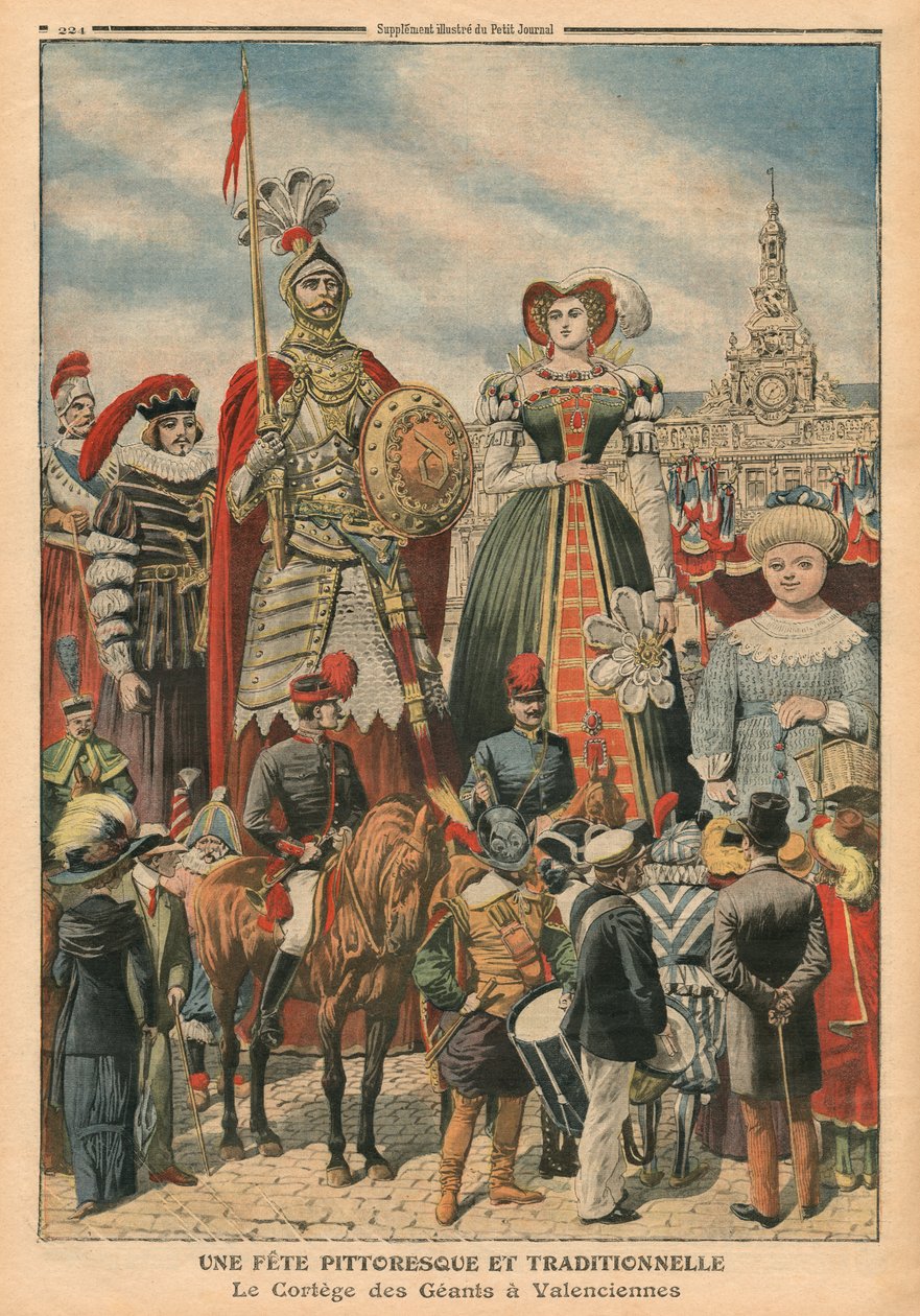 وليمة خلابة وتقليدية ، موكب العمالقة في فالنسيان ، توضيح من `` Le Petit Journal &39;&39; ، ملحق illustre ، 10 يوليو 1910 (colout litho) بواسطة المدرسة الفرنسية