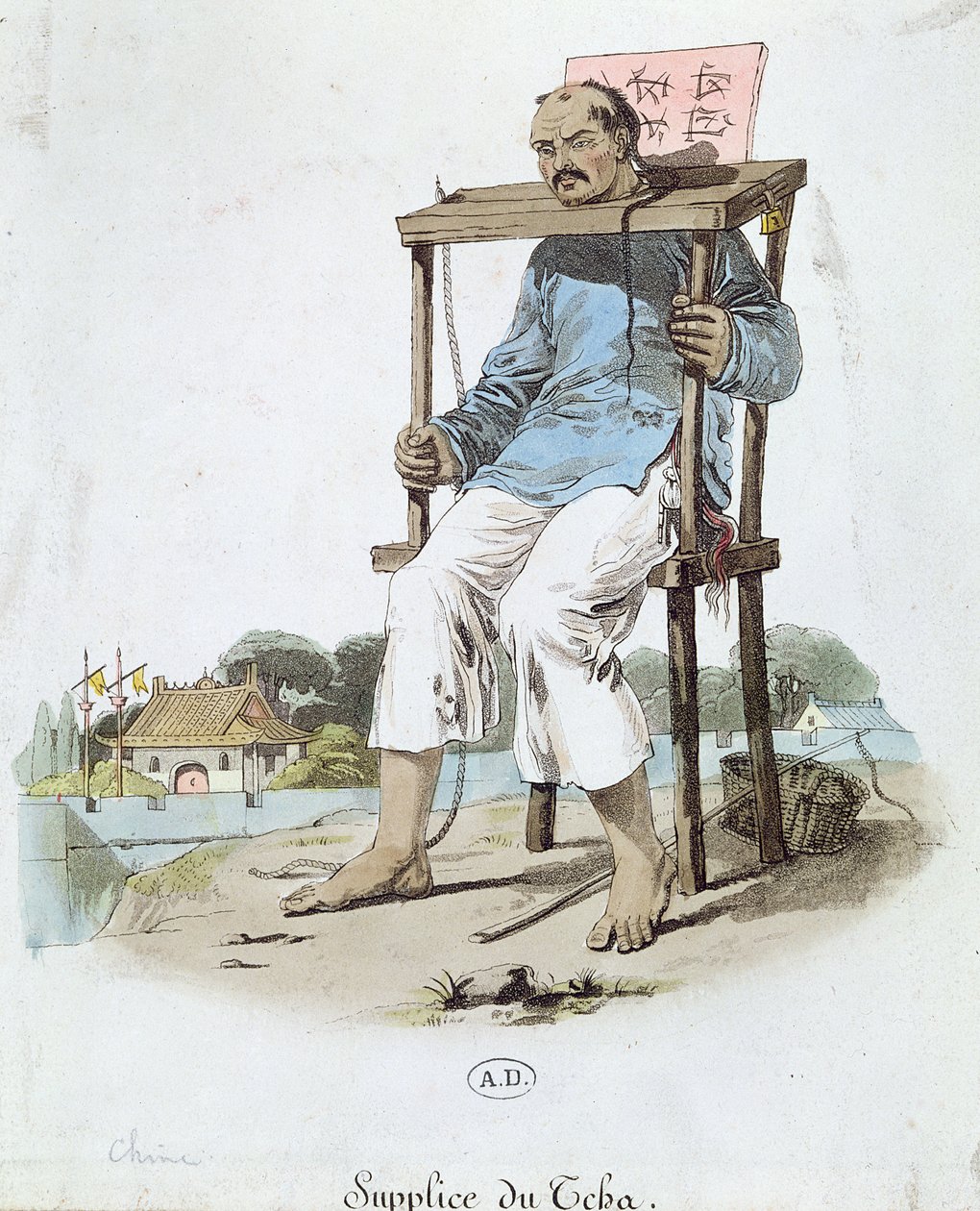 سجين في كانجو في الصين ، c.1800 (نقش الألوان) بواسطة المدرسة الفرنسية