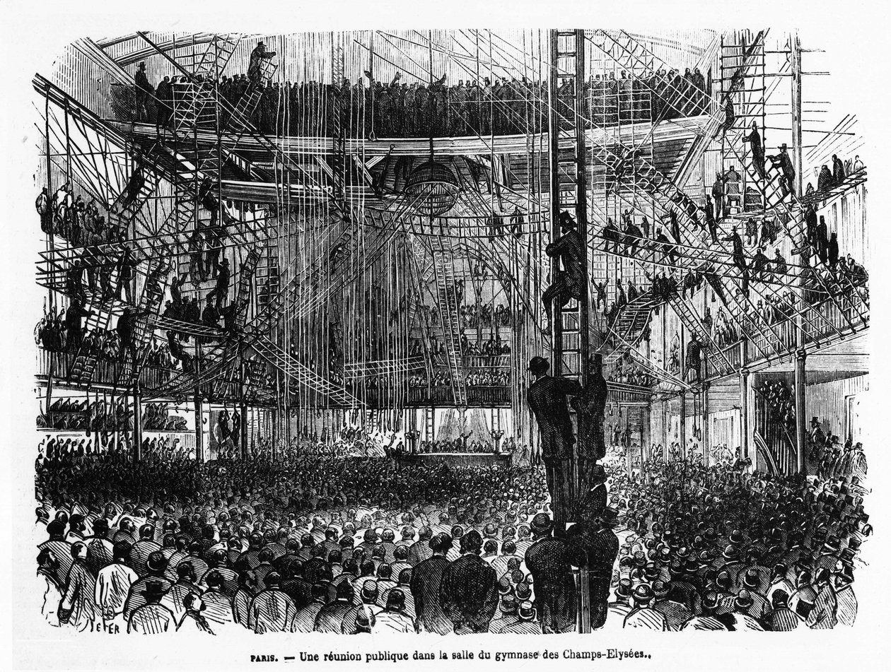 لقاء عام في صالة الألعاب الرياضية في الشانزليزيه في باريس - في La Presse Illustrée "رقم 104 ، 30/10/1869 ، مجموعة. سيلفا. بواسطة المدرسة الفرنسية