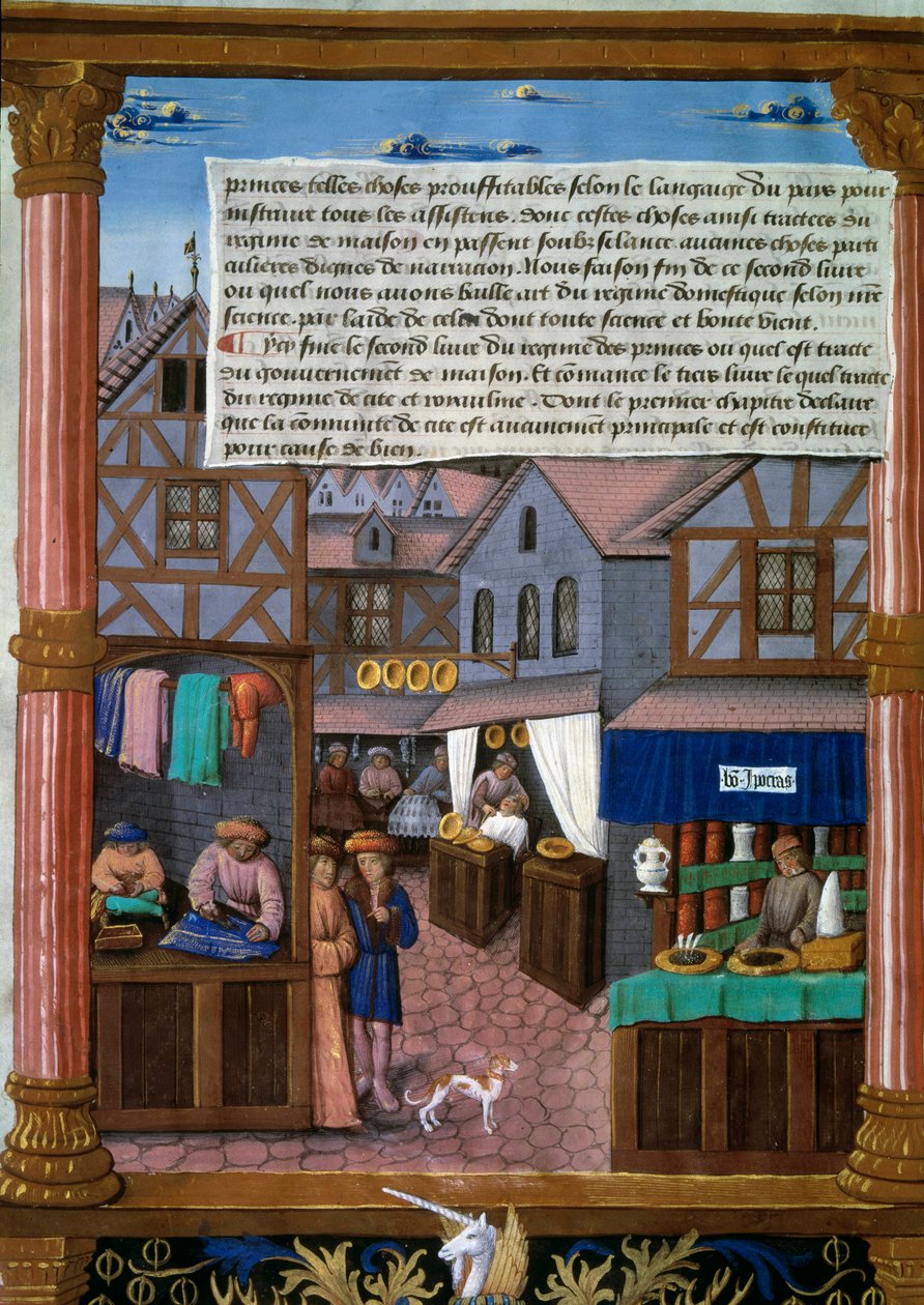 A rue de Paris with echoppes at the beginning of the 16th century Manuscript page taken from “Livre du gouvernement des Princes”” by Romain Gilles (16th century) Paris, Bibliotheque de l