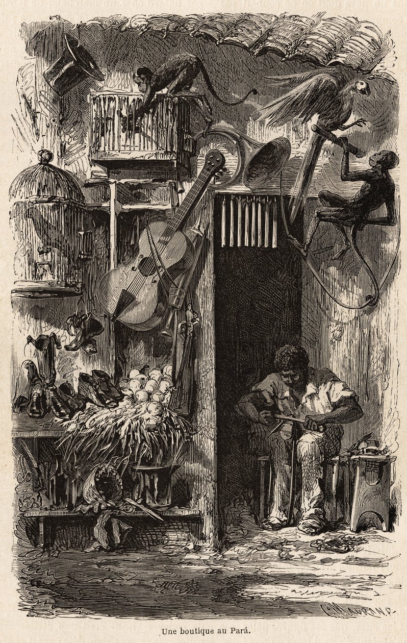 متجر في بارا ، رسم توضيحي لرحلة السيد بيارد إلى البرازيل في 1858-1859. نقش في "" Le Tour du monde "" 1861. مجموعة سيلفا. بواسطة المدرسة الفرنسية