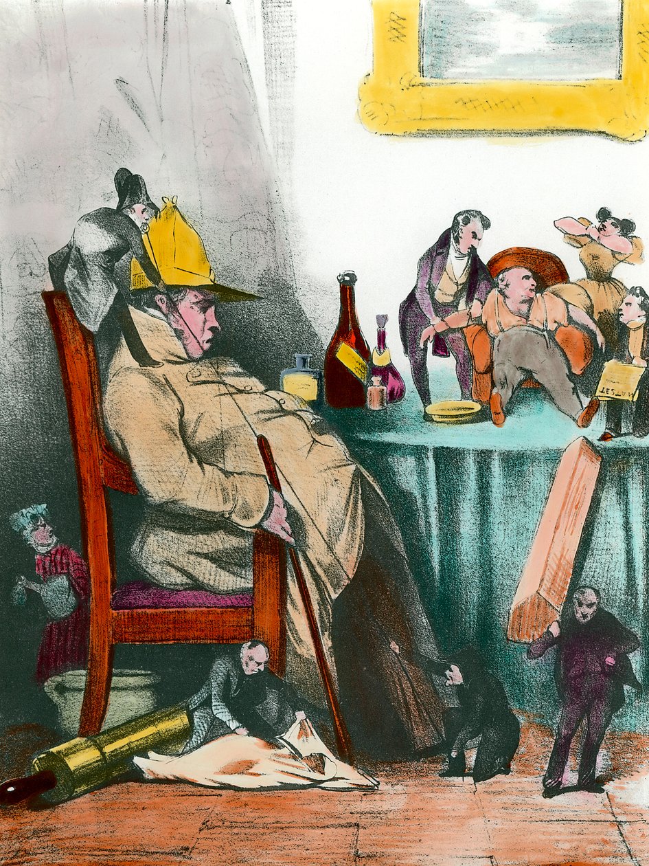 مراقي جالس يفكر في موته التالي رسم توضيحي للقطعة "Le malade imaginaire" لجين بابتيست بوكلين ديت موليير (1622-1673) مجموعة خاصة من القرن التاسع عشر بواسطة المدرسة الفرنسية