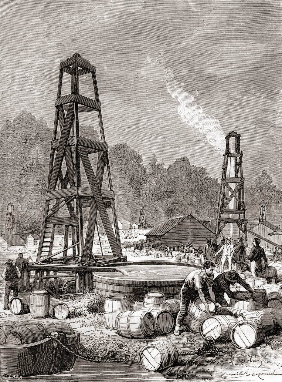 مصدر بترول في أويل كريك على نهر أليغيني ، بنسلفانيا ، الولايات المتحدة الأمريكية عام 1858 ، اكتشفه إدوين لورنتين دريك ، المعروف أيضًا باسم الكولونيل دريك ، من "ليه ميرفييل دي لا ساينس" ، نُشر عام 1870 (نقش) بواسطة المدرسة الفرنسية